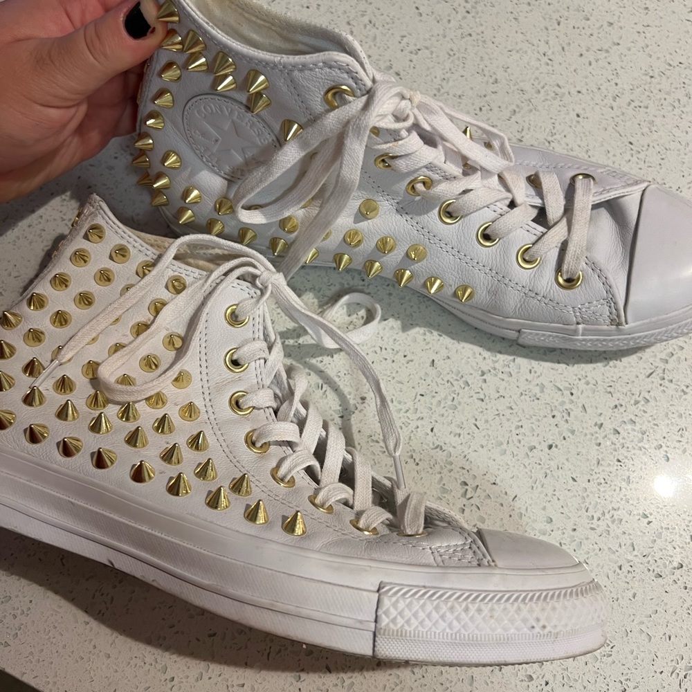 White Leather Converse High Tops with Gold Spikes